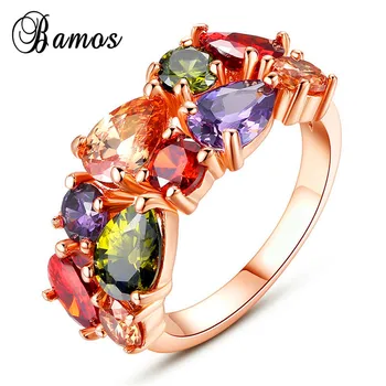 

Trendy Multi Color Zircon Stone Ring Rose Gold Filled Finger Rings For Women Bohemian Girl Party Wedding New Year Gift RY0250