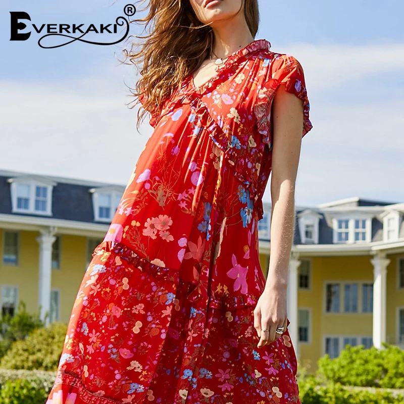 Everkaki Ruffles Лоскутное Платье макси с цветочным принтом женское Красное свободное платье с коротким рукавом Boho женское лето осень новое