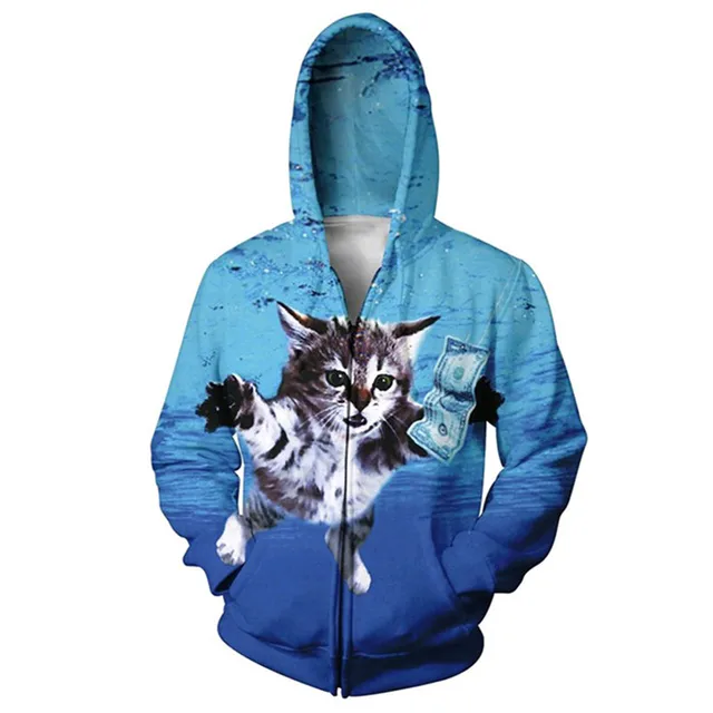 2018 NEW 3d Cat Printing Hoodie Mens Hip Hop Jacket Zipper Hoodies ...