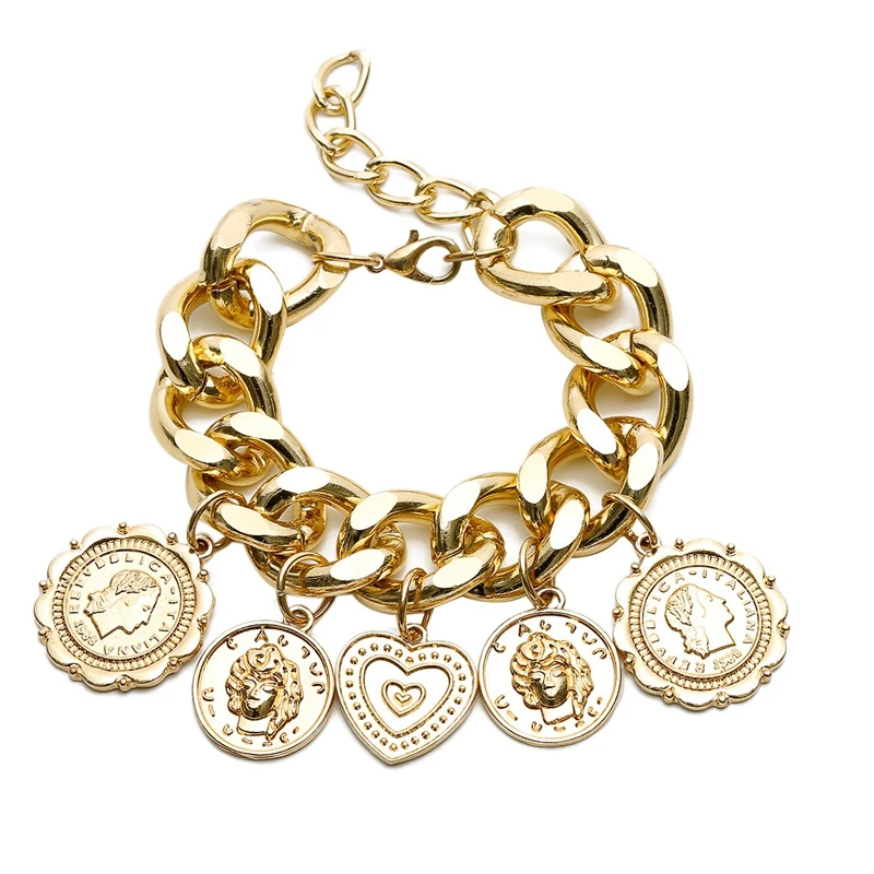 

Big Bracket Punk Chain Coins Retro Jewelry Unisex Personality Relief Portrait Geometric Bracelets Hip Hop