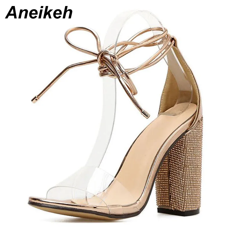 Aneikeh/женские Босоножки на каблуке; туфли-лодочки с ремешком на щиколотке со стразами; женские Вечерние туфли на очень высоком каблуке 10,5 см и квадратном каблуке