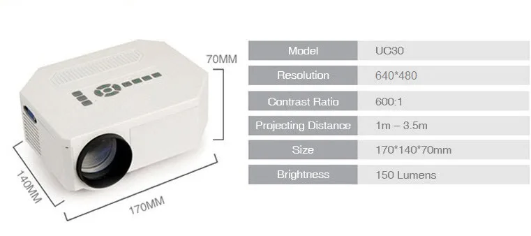 Светодиодный мини проектор UNIC UC30 HD Native 640X480 поддержка HDMI трех линз для очков 150 лм
