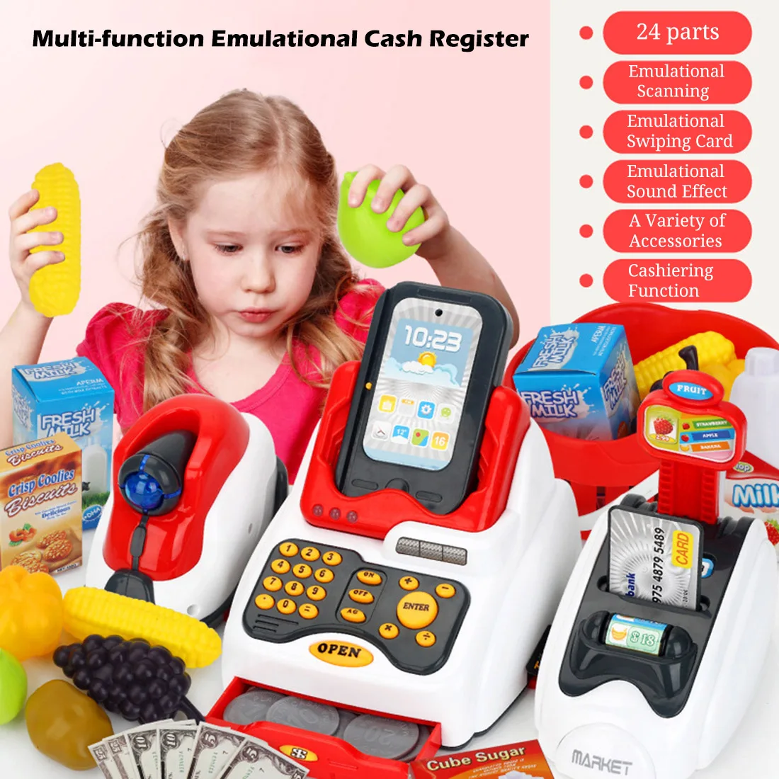 

Kids Supermarket Cash Register Electronic Toys with Foods Basket Money Children Learning Education Pretend Play Set Kids Gifts