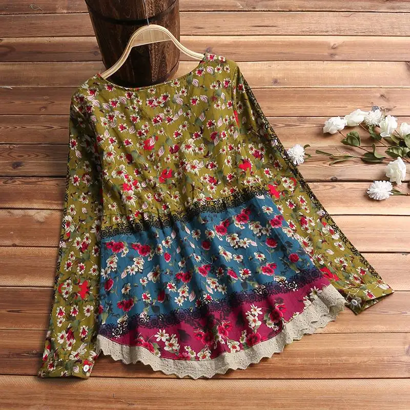 FREE SHIPPING Women Vintage Cotton Linen Top Spring Floral Printed Blouse Long Sleeve Shirt Casual Tunic Lace Patchwork Blusa JKP2754