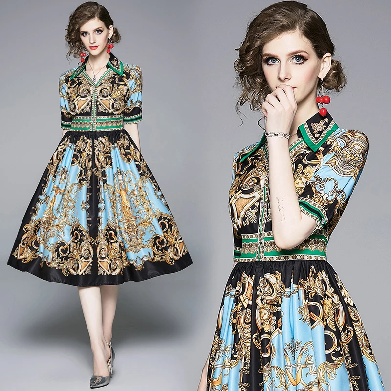 

2019 new women's dresses with Print dress Vintage dresses V-Neck dress