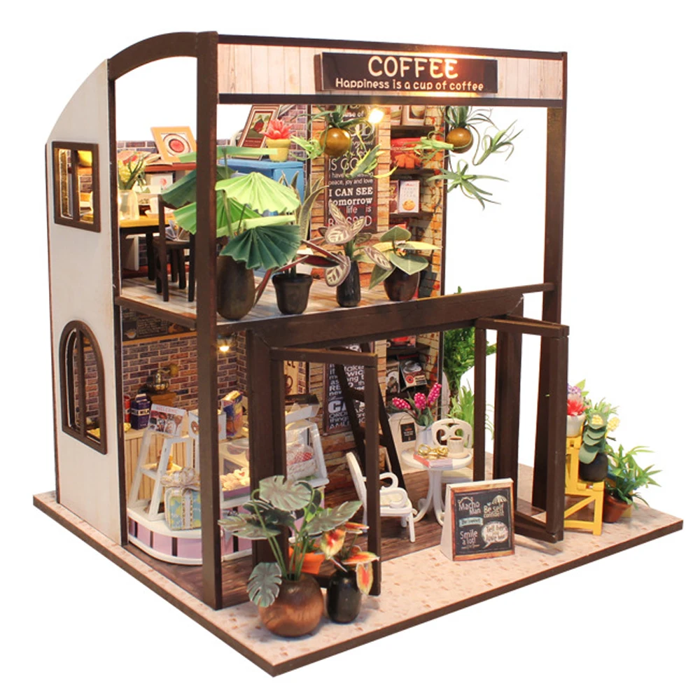 Koop Hout Poppenhuis Meubels Kit Miniatuur Koffie Winkel Gemonteerd Model Woondecoratie DIY Poppenhuis Puzzel Speelgoed Verjaardag Kerstcadeau