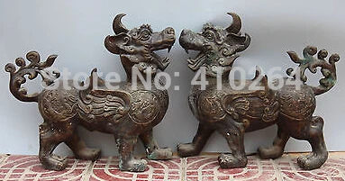 

18"Chinese Bronze Feng Shui Fly dragon beast PiXiu kylin Unicorn pair Statue