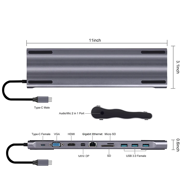  Baolyda USB-C Dock Thunderbolt 3 Adapter 11in1 Type C Hub with HDMI RJ45 VGA USB3.0 All in one Hub 