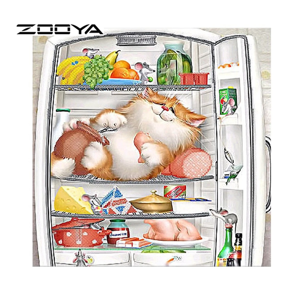 

ZOOYA Diamond Painting Full Square Cat In Fridge Diamond Embroidery Painting Rhinestones Home Decor Needlework DIY Mosaic SF382