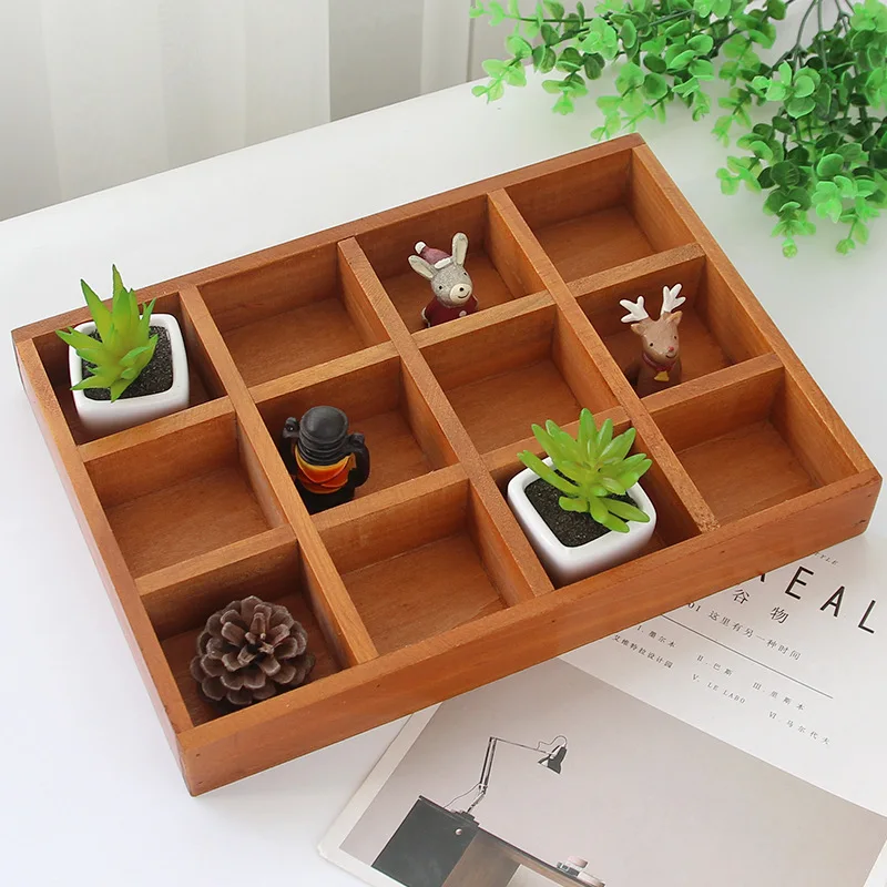 

Home Desktop Multi-function Wooden Storage Box Retro Wooden Organizer 12 Grid Cosmetic Storage Box