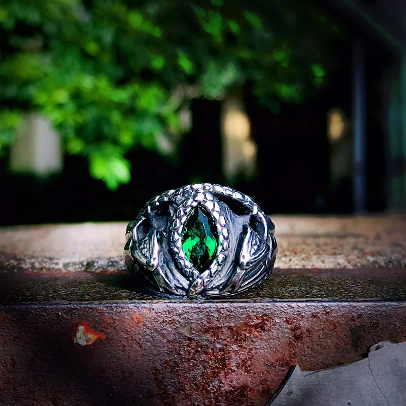 Stainless Steel Ring Norse Viking Amulet Snake Green Eyes Odin's Symbol for Men Scandinavian 316L Stainless Steel