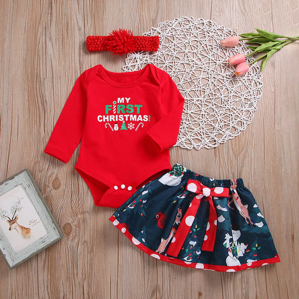 

Girl Clothing Newborn Baby Girl Christmas Letter Romper Tops Deer Skirt Clothes Outfits Set Long Sleeve Autumn Winter Costume T#