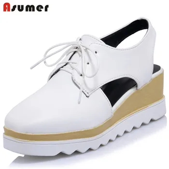

Asumer Slingbacks shoes spring autumn wedges shoes lace-up square toe platform shoes fashion PU soft leather women pumps