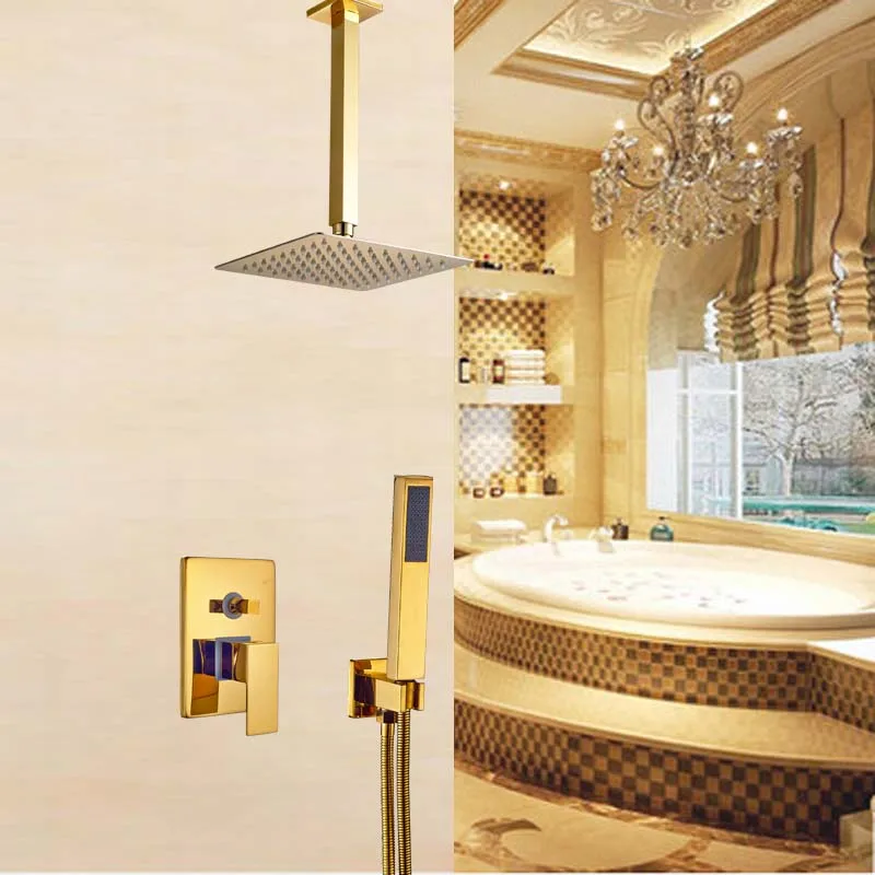 

Gold Finish Bathroom Shower Faucet 10" Ultrathin Showerhead with Handheld Shower Celing Mount
