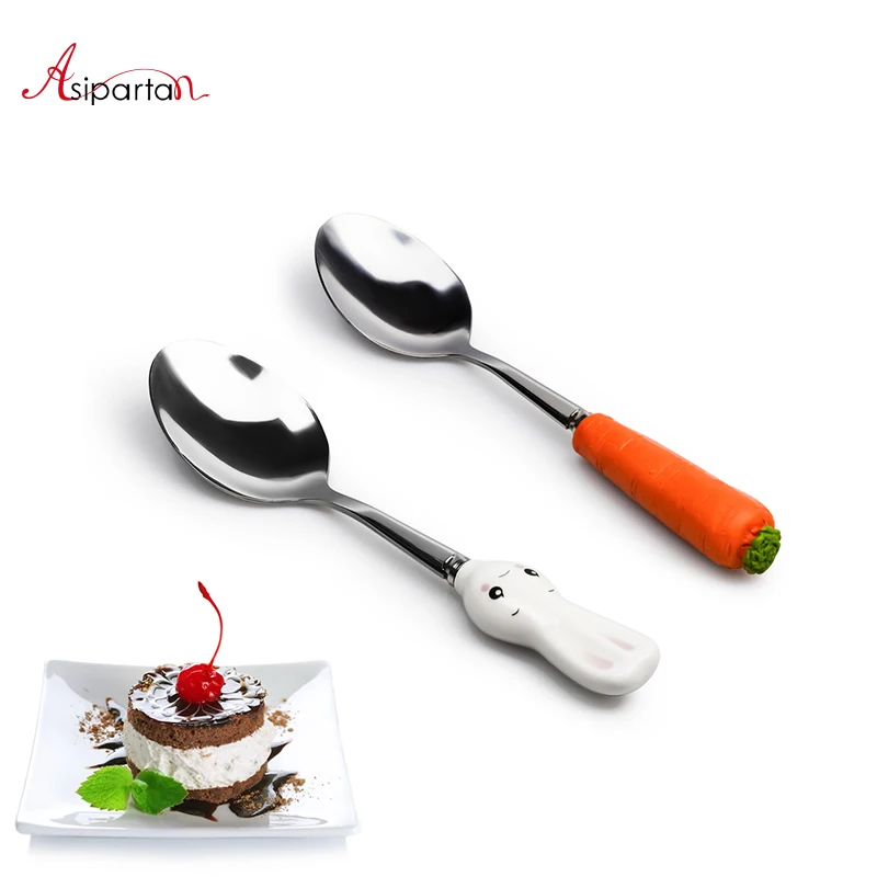 

Asipartan Stainless Steel Coffee Scoops Ceramic Rabbit Resin Carrot Shape Coffee Stirring Spoon Dessert Cake Ice Cream Scoop