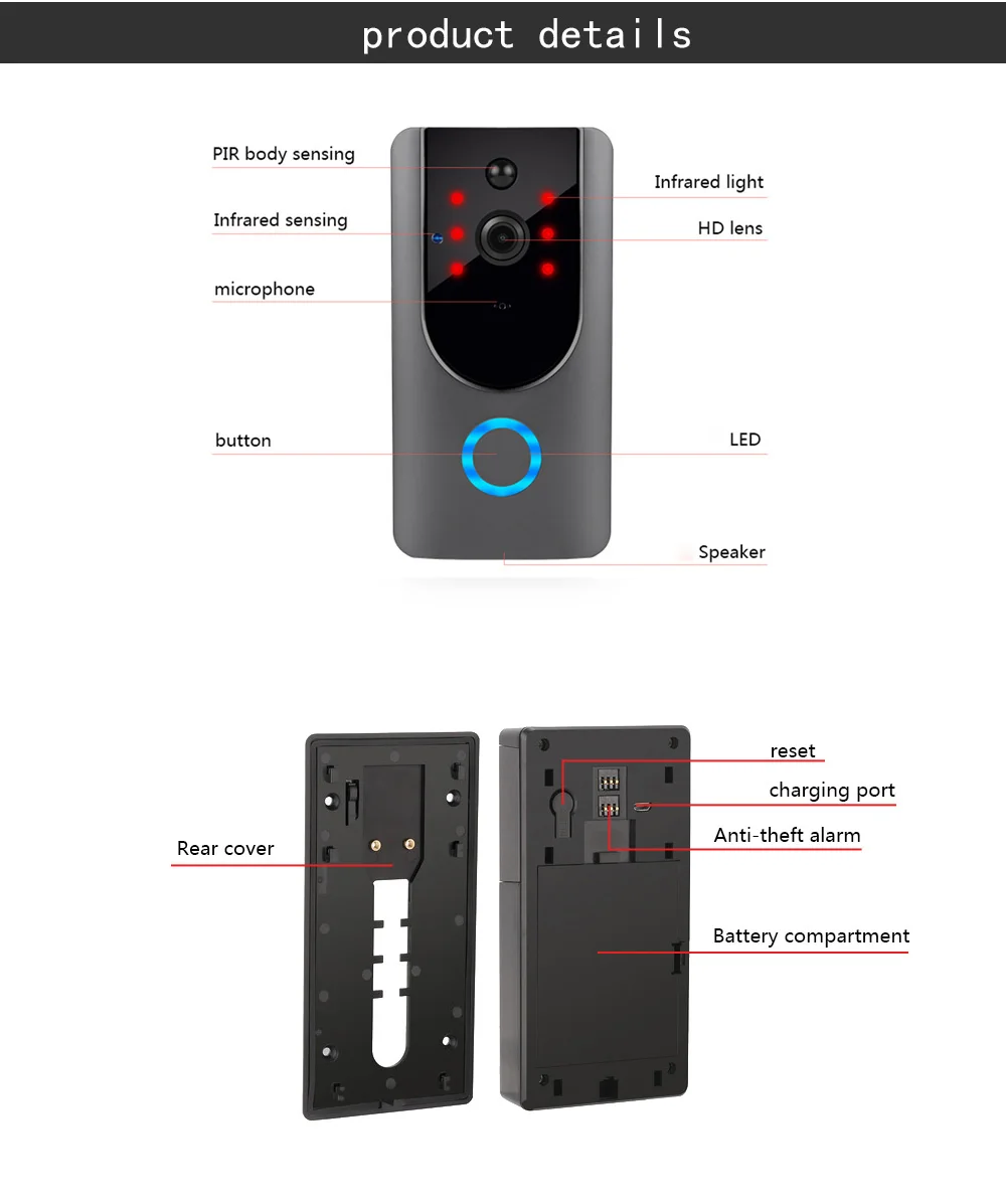 Беспроводной видеодомофон, камера дверного звонка, IP55 Водонепроницаемая HD 720 P камера безопасности PIR Обнаружение движения ночное