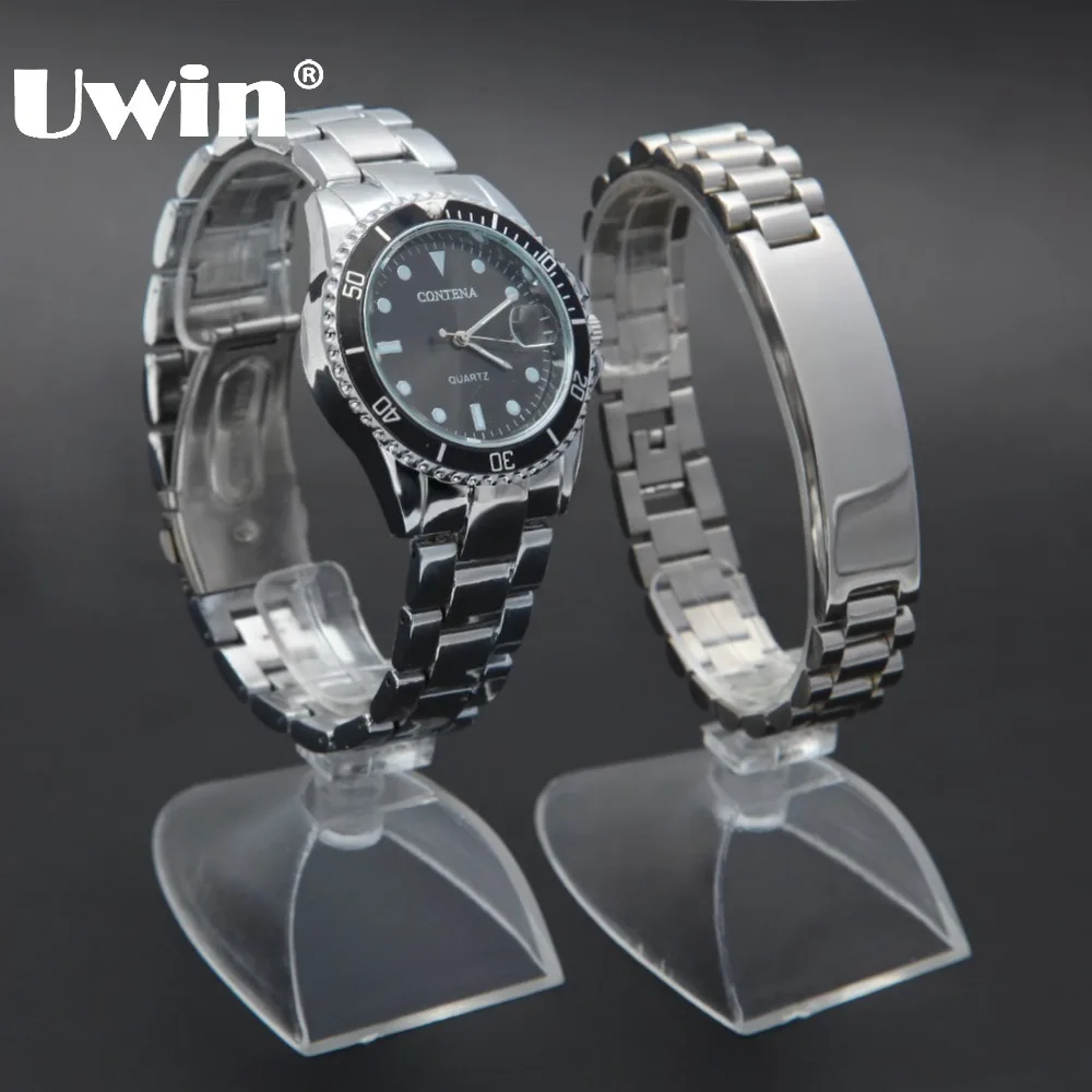 

Europe And The United States Elegant Men's Watch Hip-hop Sliver&Black Watch With Steel Watch Chain Bracelet