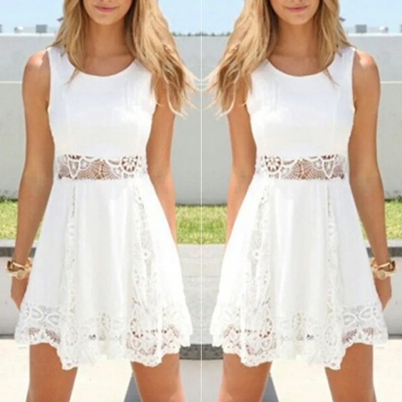 

Women's Dress Holiday Vacation Summer Tropical Sea Sleeveless Crew Neck Hollowed Lace Sundress A-line Mini Dress Vestido