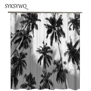 

Palm Shower Curtain Black And White Bathroom Curtain Summer Tree Cortina Ducha Tropical Plants Fabric Bath Curtain Waterproof