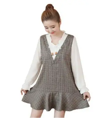 Maternity Dresses 2019 Spring Autumn Korean Fashion Plaid Fake Two Piece Loose Pregnancy Clothes Dress for Pregnant Women QL068