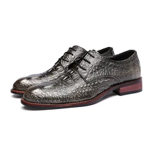 Old Fashion Italian Wine Red Golden Pointed Sharp Toe Classic Elegant Crocodile Skin Business Formal Leather Dress Shoes Male