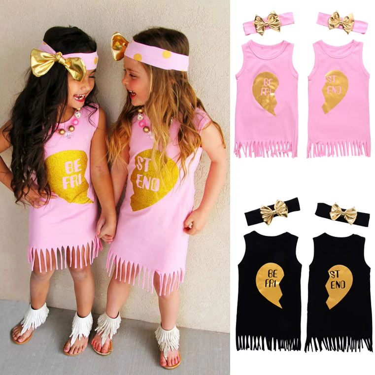 

Summer Tassel Baby Girls Sisters Matching Letters Dresses Kid Girl Sleeveless Tassels Cotton Vest Dress Clothing