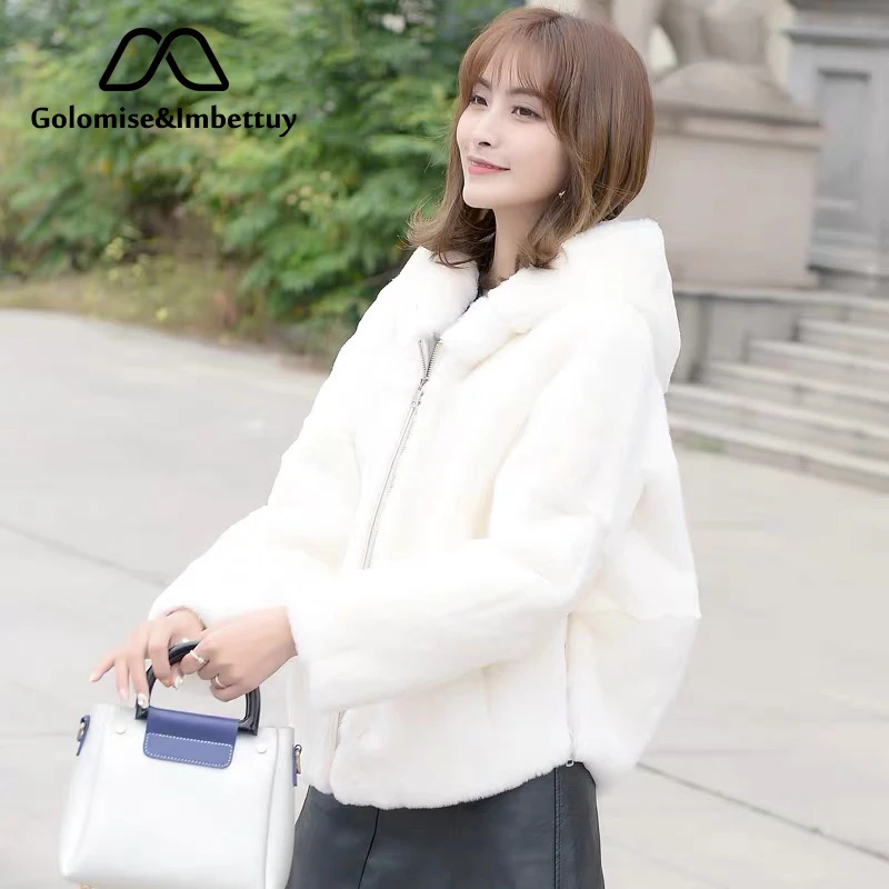 

Golomise&Imbettuy Real/Genuine Rex Rabbit Fur Coat Women Winter Natural Rex Rabbit Fur Coat/Jacket with Fur Hood