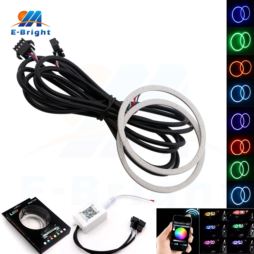 

1Pair Multi-Color Bluetooth Wireless APP Control RGB COB Angel Eyes Led Halo Rings Light 60 70 80 90 100 110 120MM Car Headlight