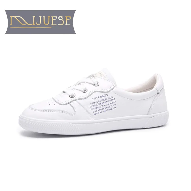 

MLJUESE 2018 women sneakers cow leather lace up Blue color letter autumn spring Vulcanize Shoes fashion sneakers women flats