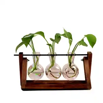 

1pc Hydroponic Plant Vases Vintage Flower Pot Transparent Vase Wooden Frame Glass Tabletop Plants Home Bonsai Decor TB Sale