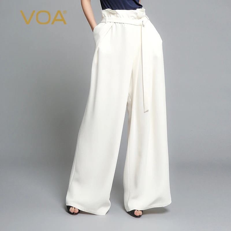 VOA White High Waist Plus Size Office Ladies Solid Silk Wide Leg Pants Women Maxi Long Trousers