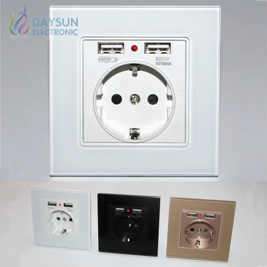 

New EU Wall Socket with 2PCS USB Ports Crystal Glass Panel High Quality Power Socket AC110-265V for Germany Poland Russia Israel