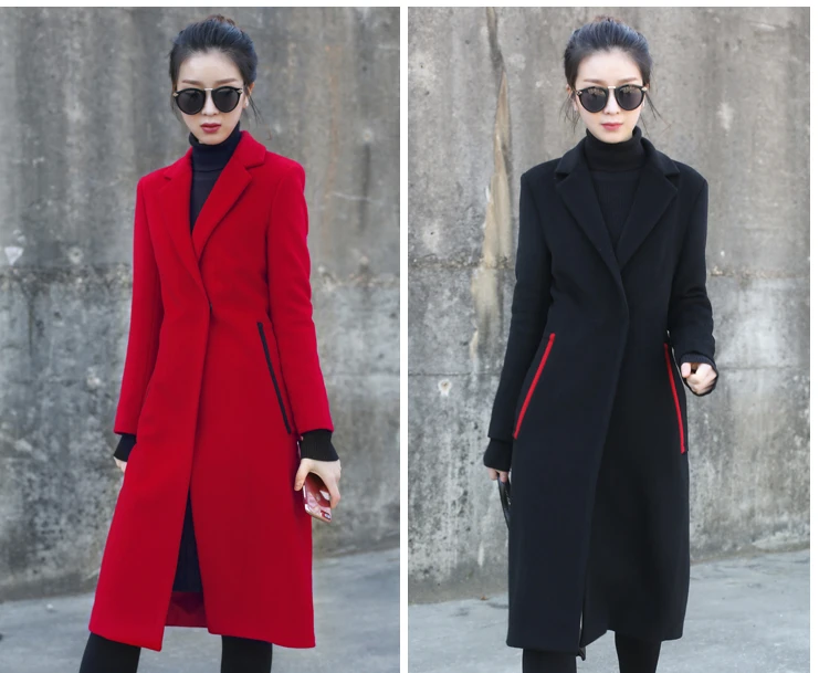 Для женщин шерстяное пальто красные, черные отложной воротник с длинными одноцветное