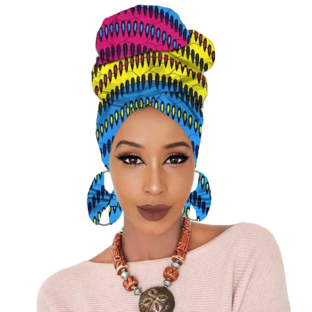 Print turban traditional African headscarf women headtie with earring (8)