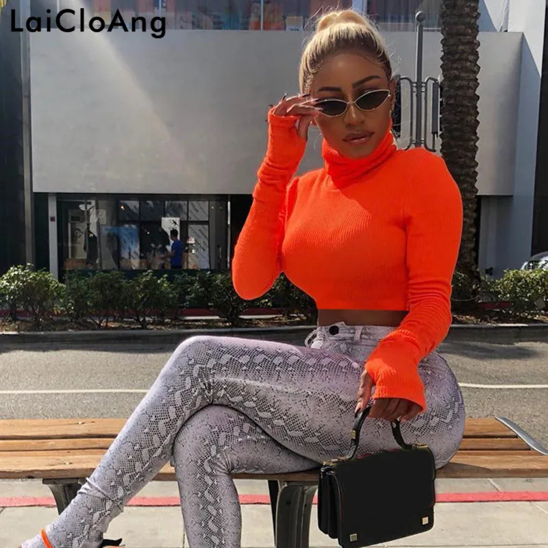 

LaiCloAng Ribbed High Neck Autumn T shirt Women Long Sleeve Turtleneck Slim Sexy Crop Top Women Casual Short Women T-shirt Tops