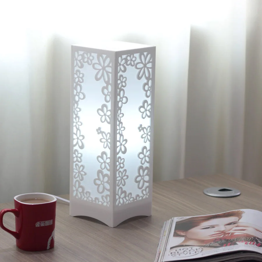 

Modern Square Carved Acrylic Bedroom Table Light Study Room Simple Desk lamp Living Room Creative Flower hollow out Table Lights