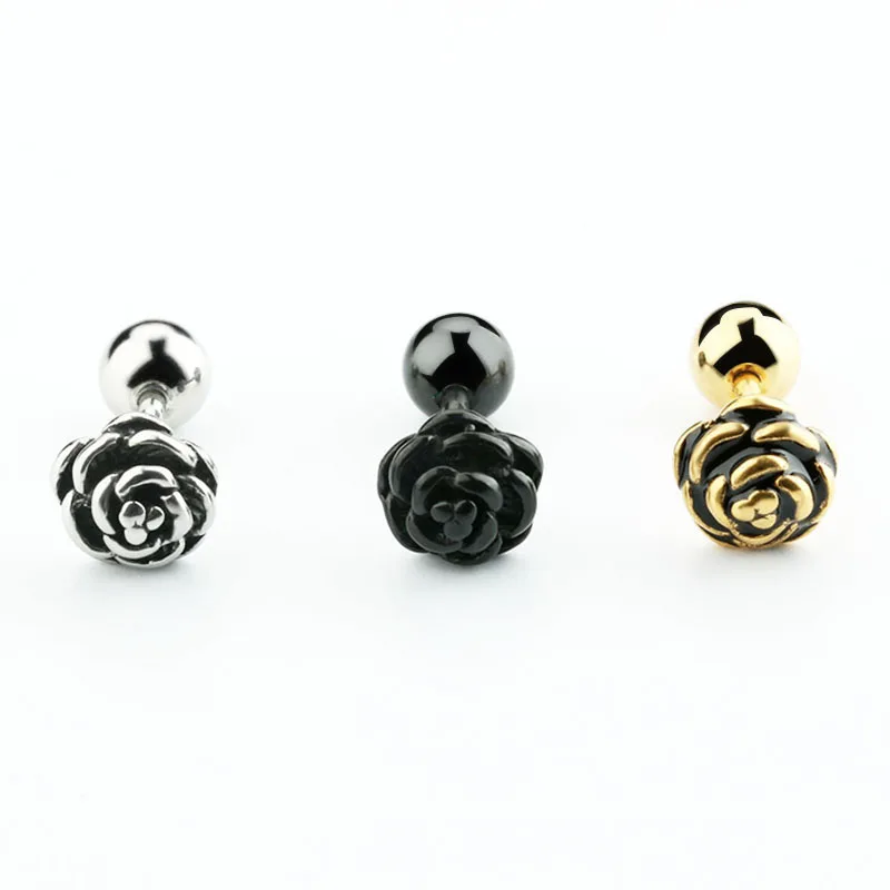 2PCS Romantic Rose Flower Ear Studs Earrings Women's Ear Plugs Titanium Steel Antique Silver Gold Black Body Piercing Jewelry 1