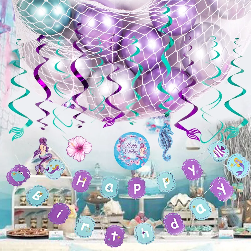 

Let's be Mermaid Theme Birthday Party Decoration Kit Metal Balloons Birthday Banner Foil Swirls Fishing Net Under the Sea Party