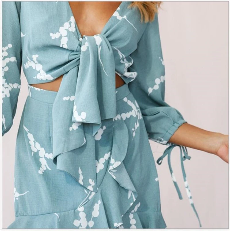 Vestidos 2019 лето, богемный стиль, сексуальное платье с v-образным вырезом и принтом, ленивая половинная оболочка, необычный шов, для курения