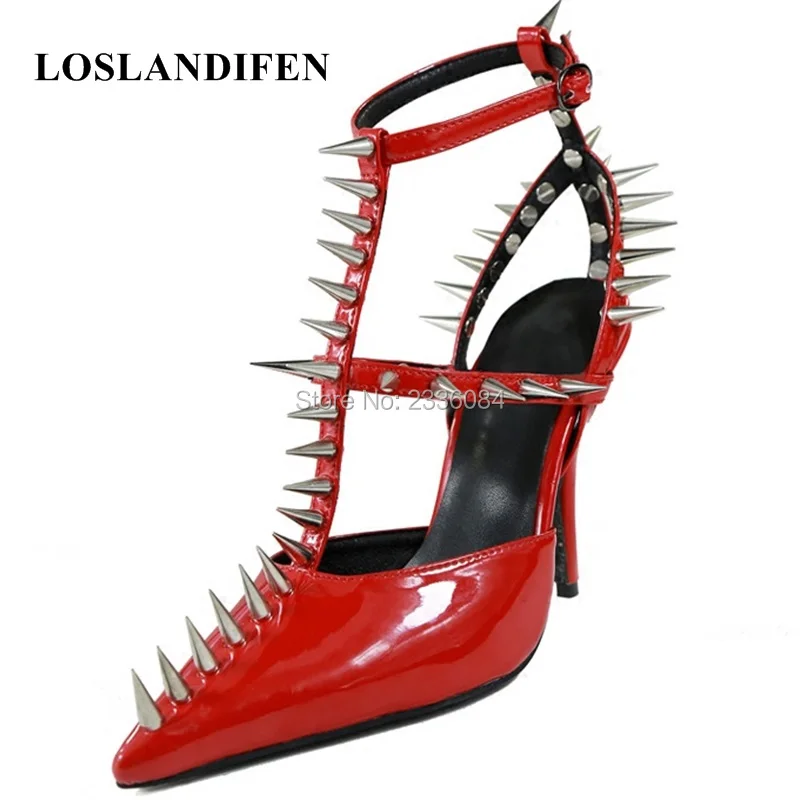 

LOSLANDIFEN Punk Style Patent Leather Point Toes Long Rivets Buckle Strap High Heel Shoes Spike Heel Sandals Chaussure Femme