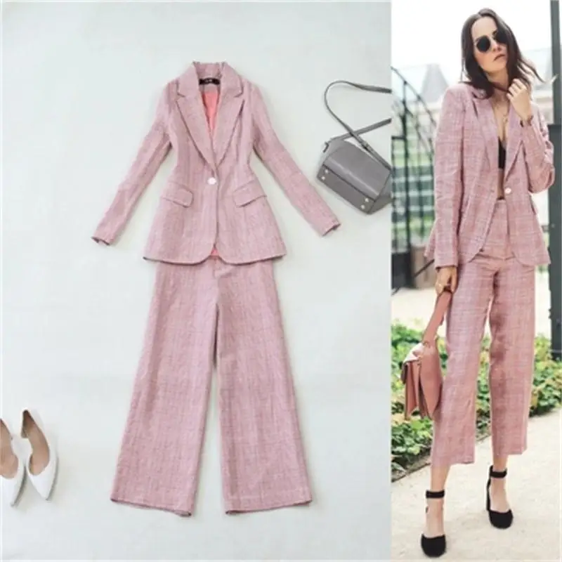 Pant Suits Women Autumn big code pink plaid suit +9 points wide leg