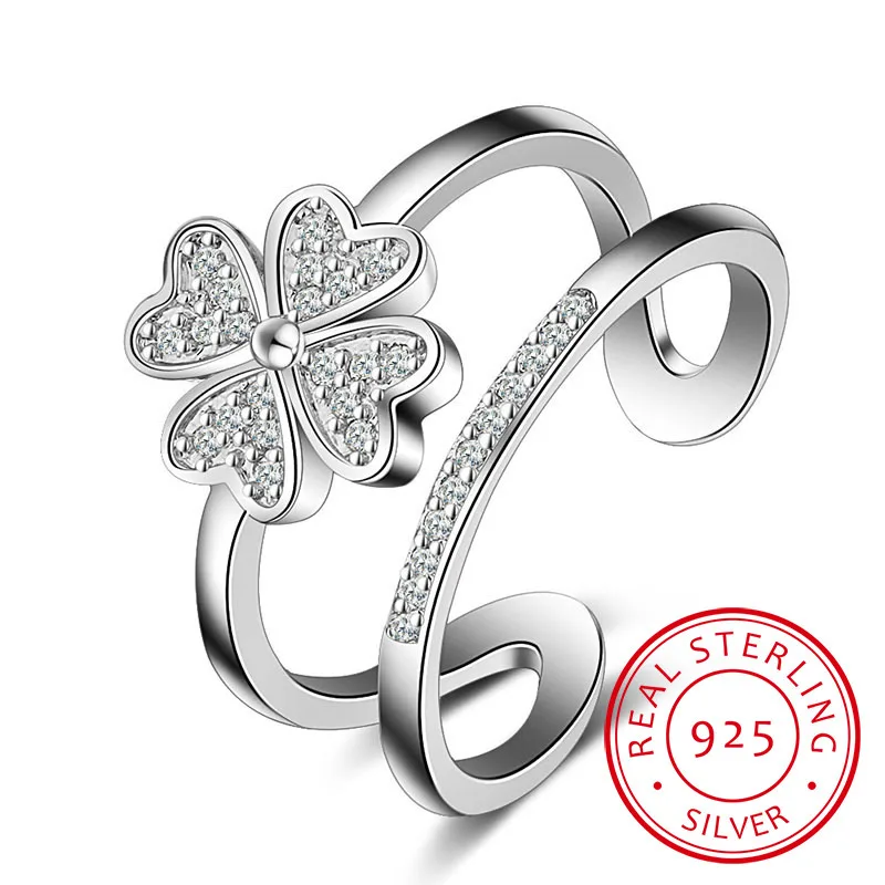 

925 Sterling Silver Rings For Women Mosaic Cz Zirconia Lucky Four Leaf Clover Multi-layer Resizable Rings Bague S-r193