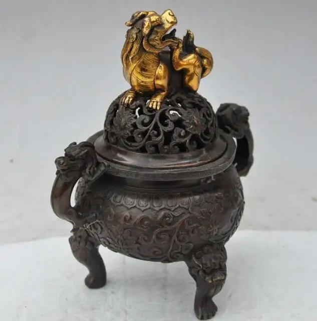 

S05998 china fengshui bronze gilt foo dog lion beast foot statue Incense Burner Censer