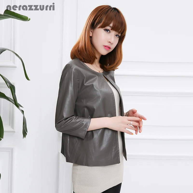 

Nerazzurri Fall faux leather jackets women short red black grey blue slim cropped top causal soft plus size pu leather jacket