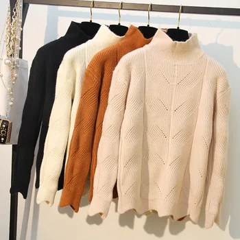 

Winter Thick Warm Woolen Knitted Turtleneck Pullovers Women Long Sleeve Loose Sweaters Hollow Out Solid Color