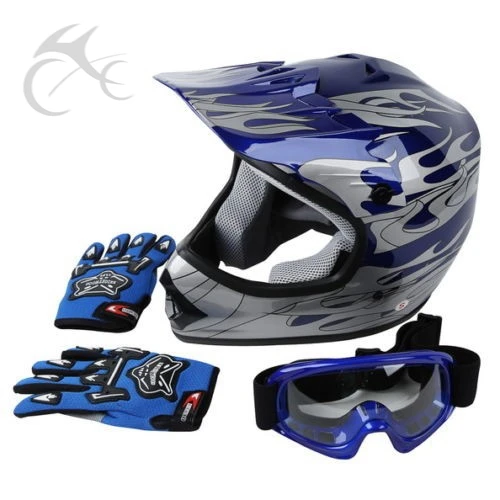 Image New DOT Youth Blue Flame Dirt Bike ATV MX Motocross Helmet Goggles+gloves S M L