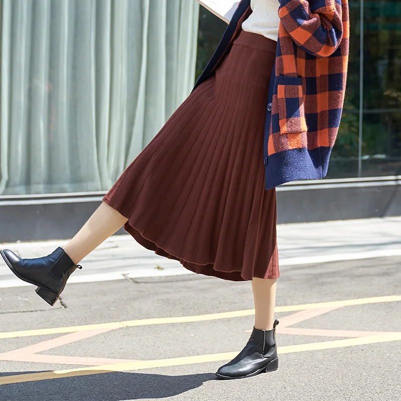 Buy Korean Elegant Big Swing Soft Knitted Midi Skirt