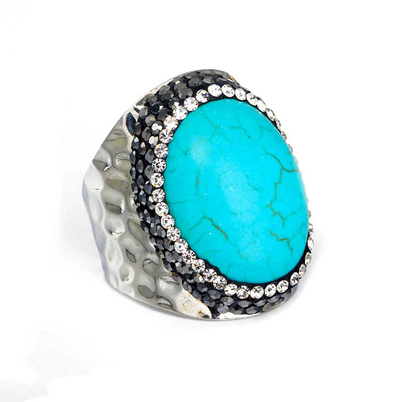 

Luxury Natural Oval Blue Turquoises Stone Bead Charm Pave Rhinestone Silver Color Adjustable Hammered Open Unisex Ring Cuff