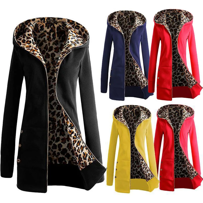 

Women Winter Overcoat Leopard Zipper Hooded Long Sleeves Fleece Lined Slim Fit NYZ Shop