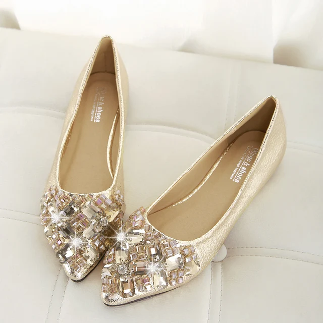 Women Flat Shoes Rhinestone New Arrival 2016 Beaded Gold Wedding Shoes